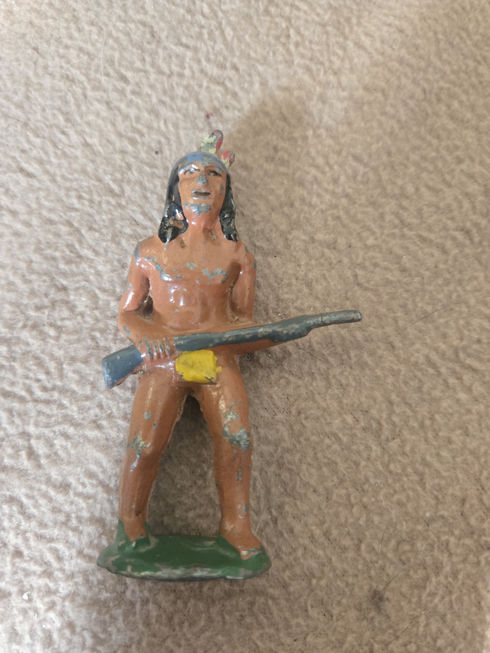 Antique Kids Toy Native Figure in Tan, Black, Green, Blue, Yellow
